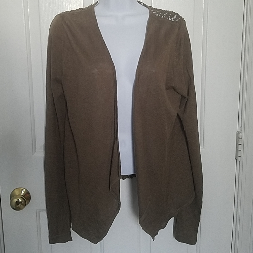 Christopher Fischer Womens Cardigan L Crochet Beachy Linen Knit Coastal Olive